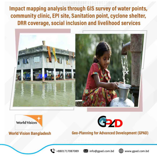 Impact mapping analysis through GIS survey of water points, community clinic, EPI site, Sanitation point, cyclone shelter, DRR coverage, social inclusion and livelihood services